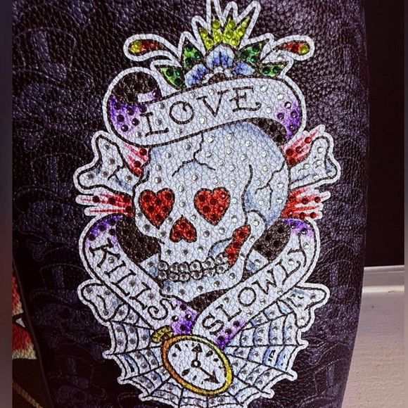 Ed Hardy Rose Skull Shoulder Bag Holographic Checkerboard Y2K - Picture 4 of 9